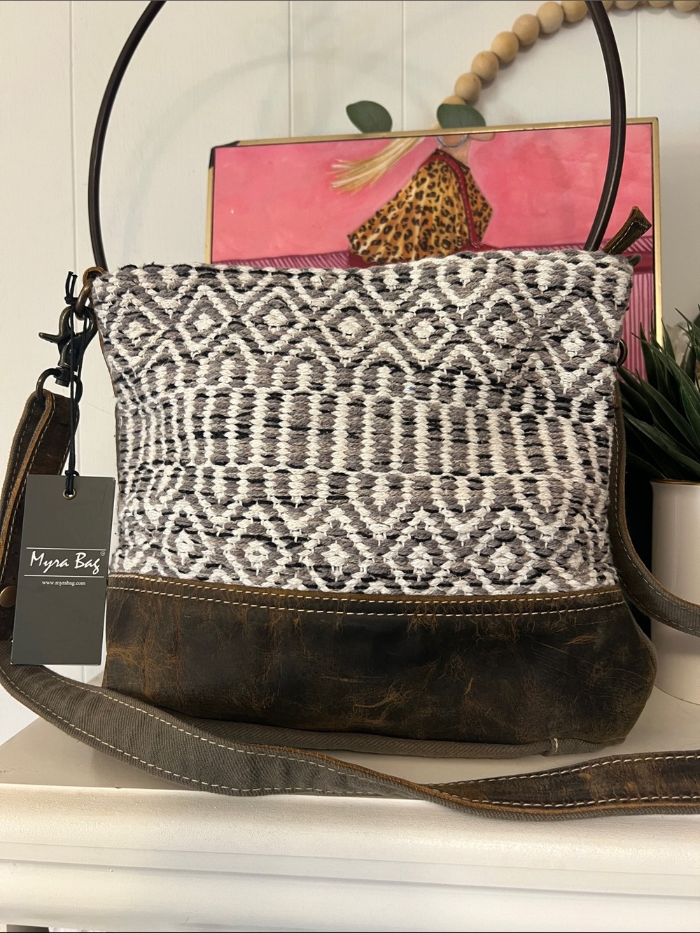 Myra Bag Brown & White Woven Crossbody with Distressed Brown Trim